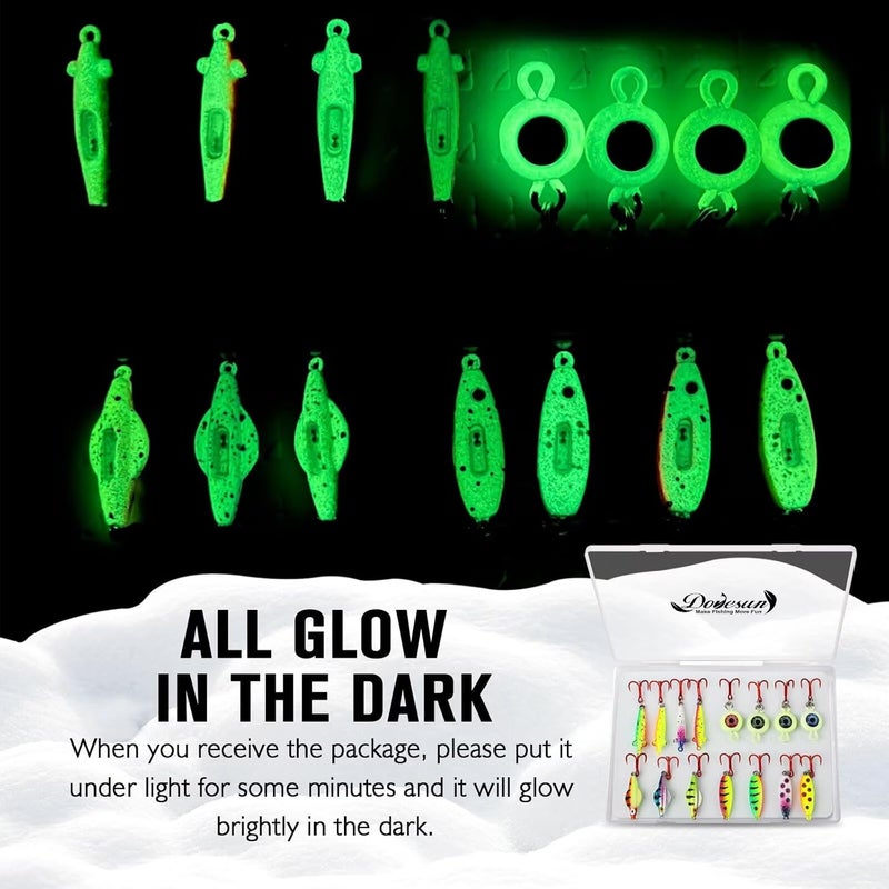 Dovesun Ice Fishing Jigs Ice Fishing Lures Kit Rattling Glow Ice Fishing Spoons for Bass Crappie Panfish Mens Fishing Gifts 15PCS/5PCS/4PCS - Image 3